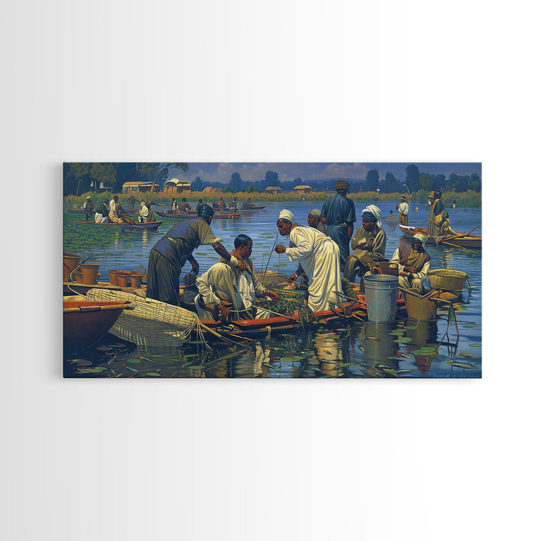 African Floating Market Fishermen On Lake Canvas Print, Traditional African Painting, Cultural Wall Decor, Village Home Decor