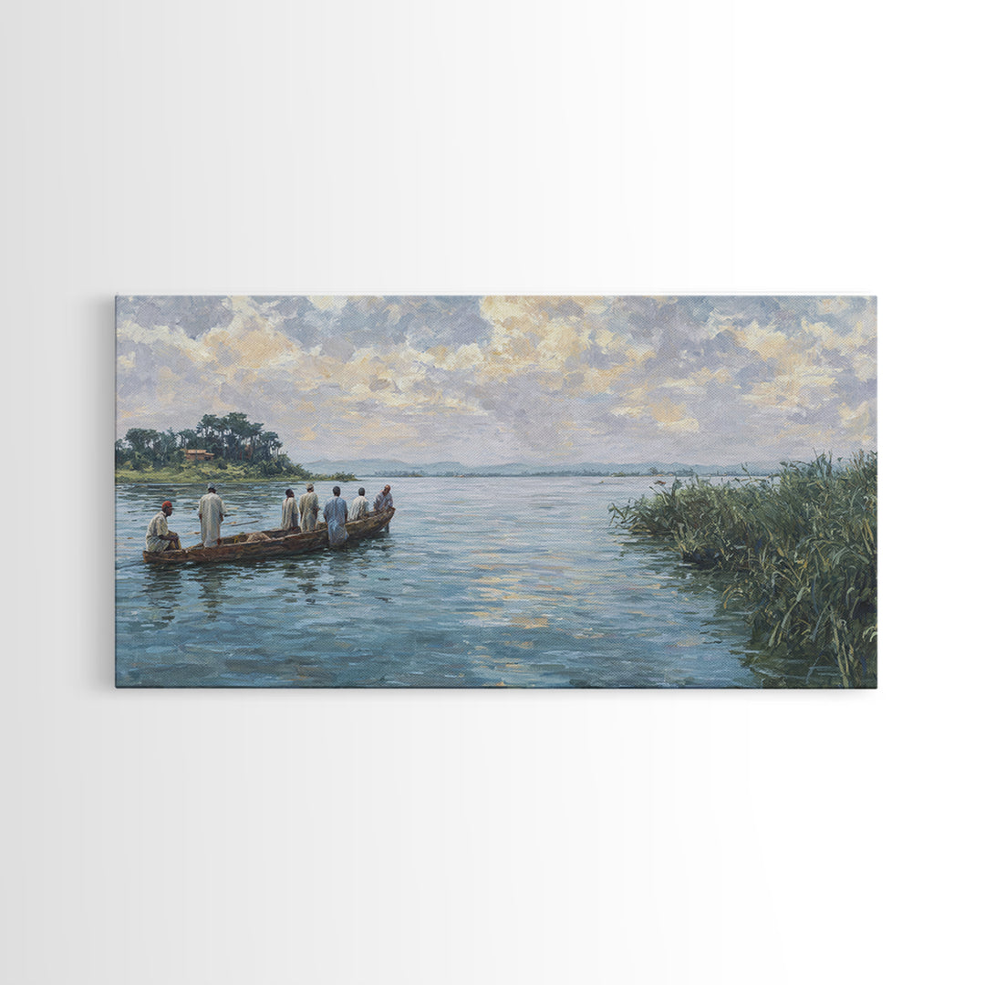 Serene African River Canoe Landscape Framed Canvas Print, Impressionist Nature Scene Art, Blue Wall Decor, Living Room Gift
