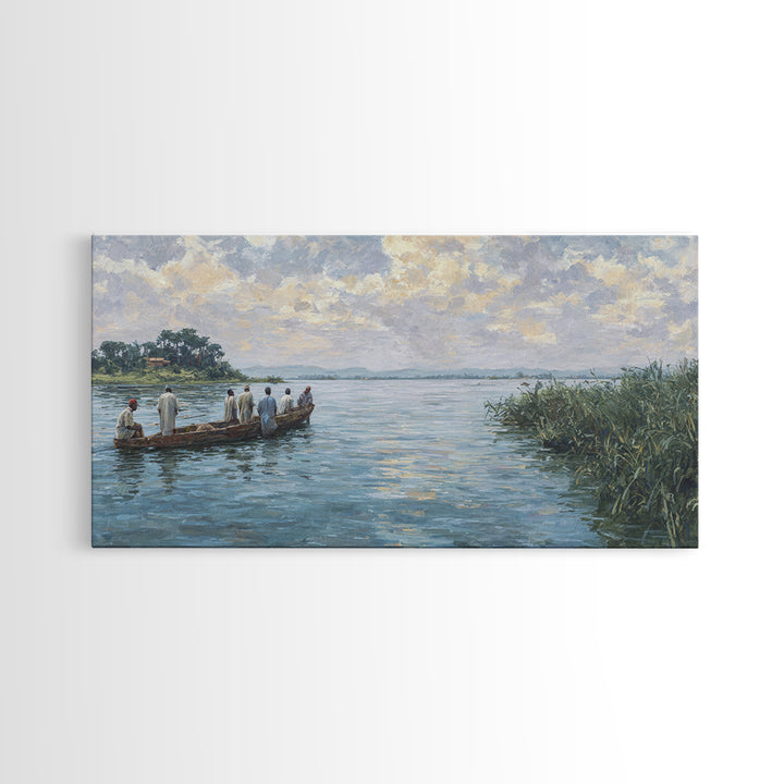 Serene African River Canoe Landscape Framed Canvas Print, Impressionist Nature Scene Art, Blue Wall Decor, Living Room Gift