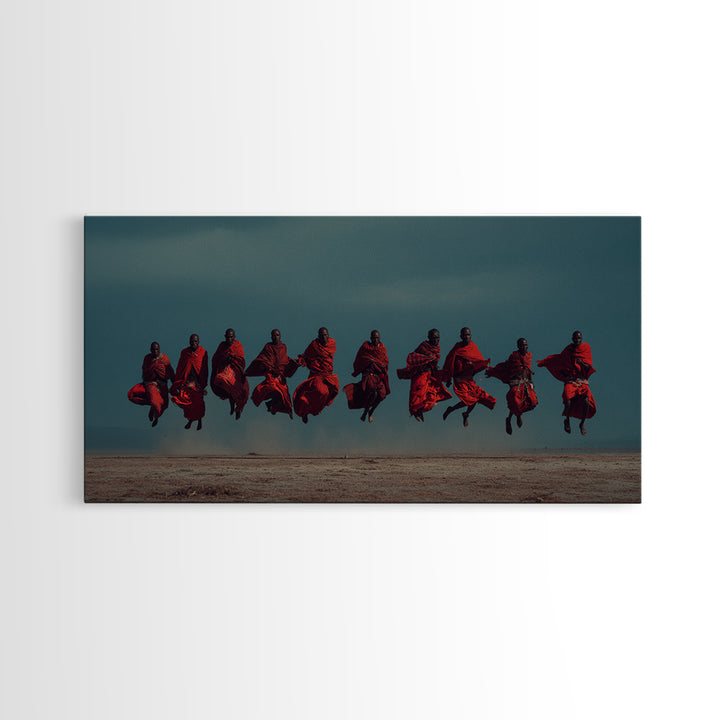 Leaping Maasai Warriors Under Storm Sky Canvas Print, African Warrior Art, Tribal Wall Decor, Red Safari Statement Piece