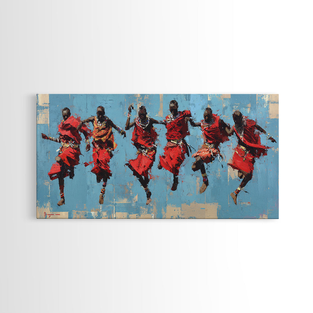 Red Maasai Jumping Dancers Canvas Print, African Wall Art, African Warrior Art, Cultural Home Decor, Safari Decor Gift Art