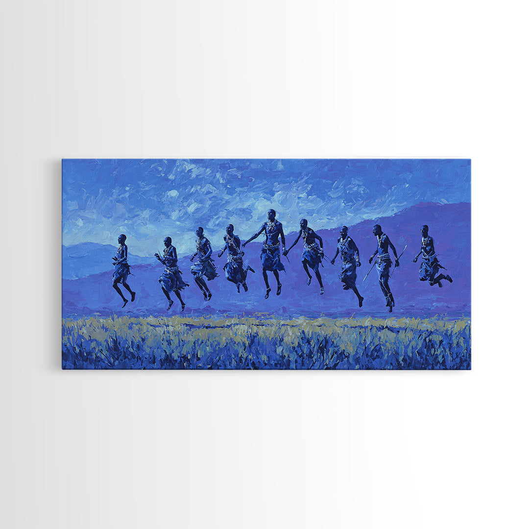 Blue Savanna Jumping Figures Wall Art, African Landscape, Modern African Art, Safari Art, Living Room Decor Canvas Print