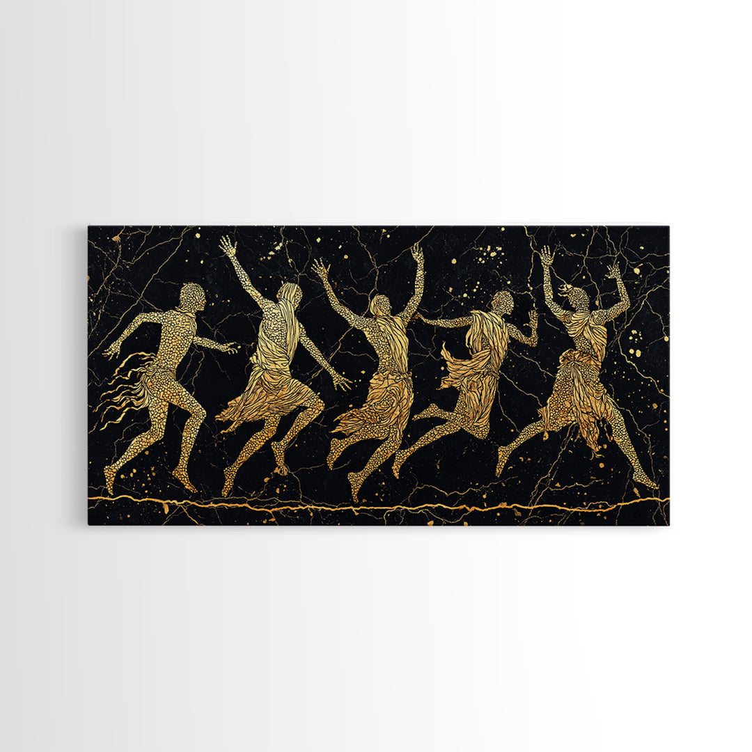 Gold Tribal Dancers On Black Framed Canvas Print, African Tribal Art, Black And Gold Art, Afrocentric Wall Art Decor Gift
