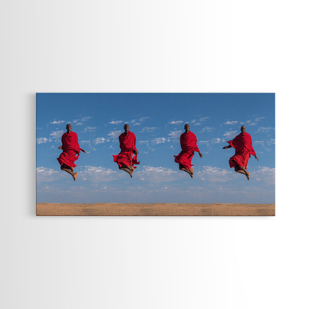 Red Maasai Warriors Jumping Canvas Print, African Safari Art, African Warrior Art, Kenya Print, Statement Wall Decor Gift