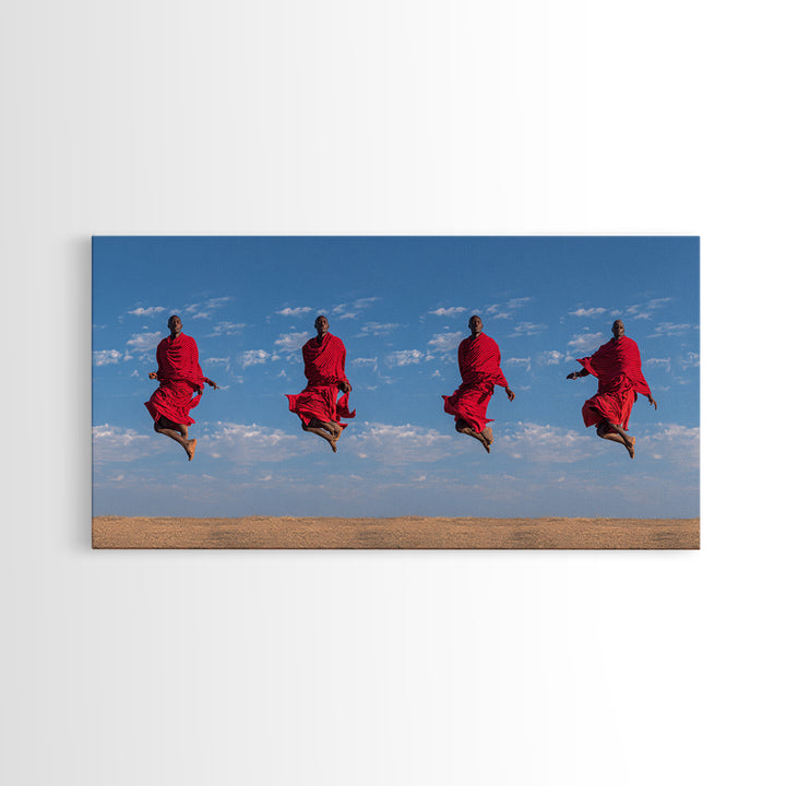 Red Maasai Warriors Jumping Canvas Print, African Safari Art, African Warrior Art, Kenya Print, Statement Wall Decor Gift