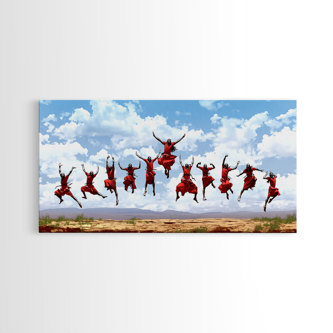 Joyful Red Dancers Under Clouds Canvas Print, African Celebration, African Women Art, Safari Decor, Colorful Wall Art Gift