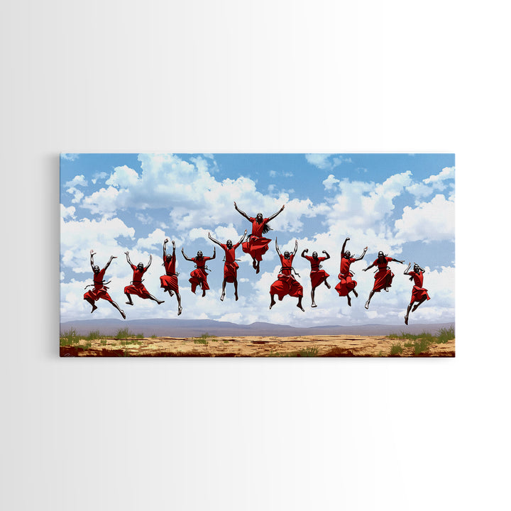 Joyful Red Dancers Under Clouds Canvas Print, African Celebration, African Women Art, Safari Decor, Colorful Wall Art Gift