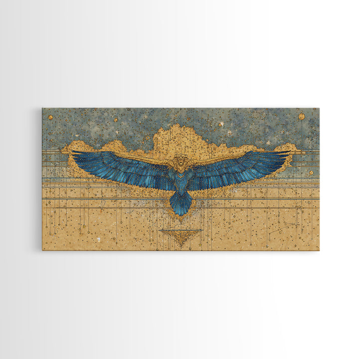 Blue Gold Winged Scarab Wall Art, African Egyptian Art, Ancient African Art, Spiritual Wall Decor, Luxury Canvas Print Gift
