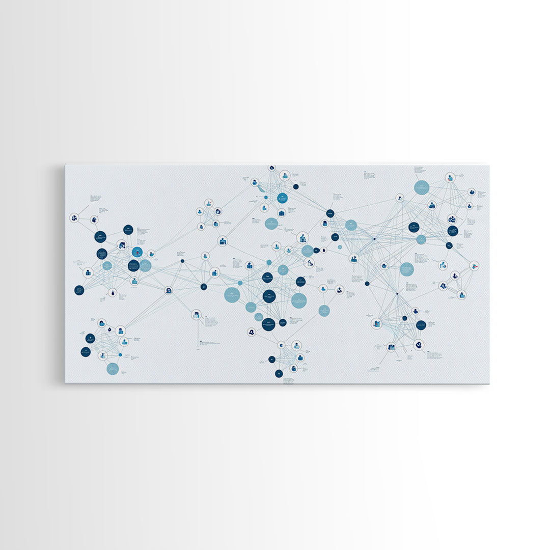 Blue Global Data Network Map Canvas Print, Abstract Wall Art, Modern Office Decor, Minimalist Technology Home Decor Gift