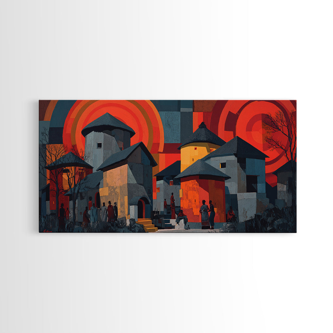 Red Sunset African Village Houses Wall Art, Modern African Art, Cultural Home Decor, Bold Geometric Canvas Print Gift For Him
