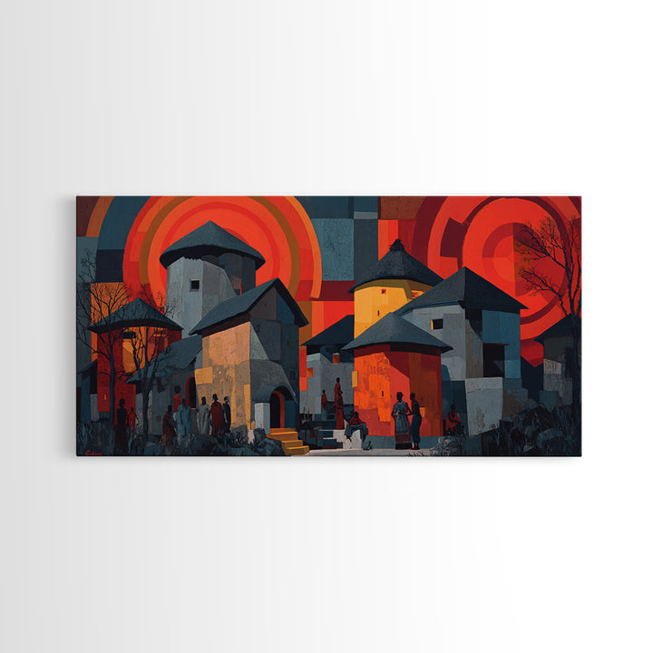 Red Sunset African Village Houses Wall Art, Modern African Art, Cultural Home Decor, Bold Geometric Canvas Print Gift For Him