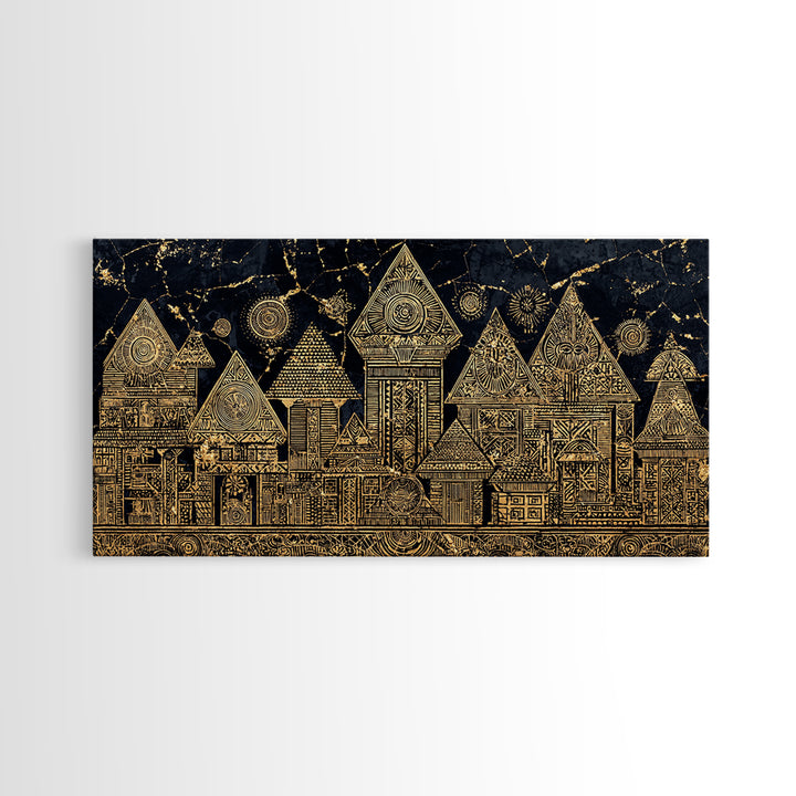 Gold Tribal Village Houses On Black Wall Art, African Tribal Art, Ancient African Art Print, Luxury Cultural Home Decor Gift