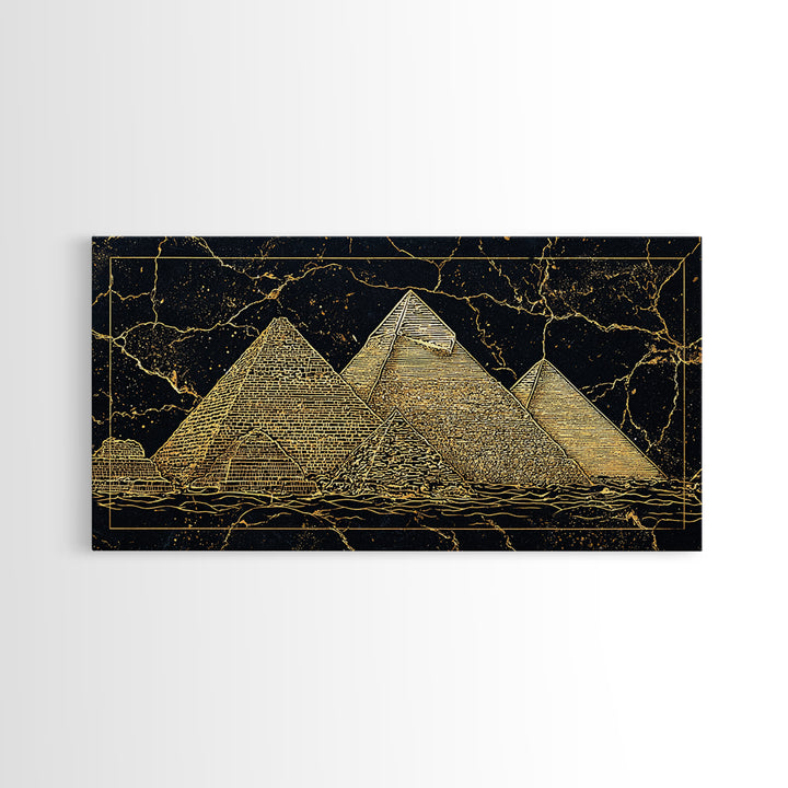Golden Line Egyptian Pyramids Wall Art, Black Gold Canvas Print, Ancient African Artwork, Luxury Cultural Home Decor Gift