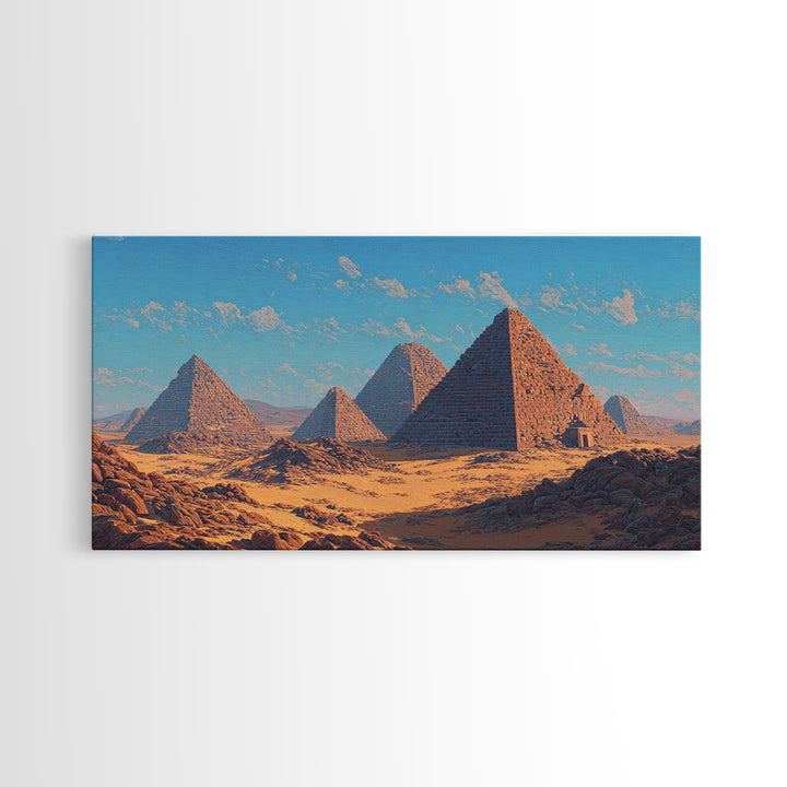 Blue Sky Giza Pyramids Wall Art, Egyptian Desert Landscape Canvas Print, Ancient African Art, Warm Cultural Decor Gift For Her