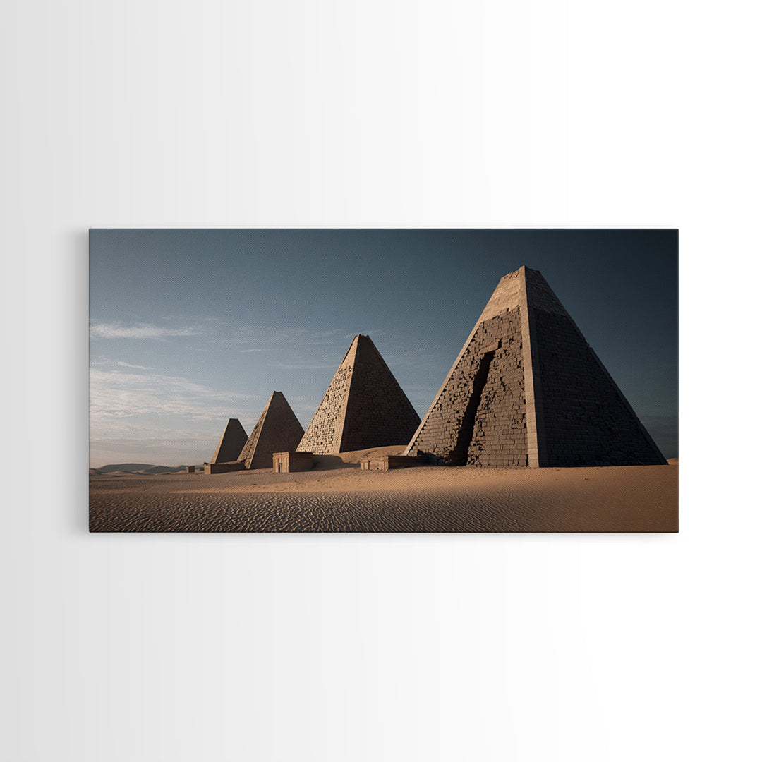 Sunlit Desert Pyramids African Landscape Framed Canvas Print, African Egyptian Art, Sahara Travel Poster, Living Room Decor