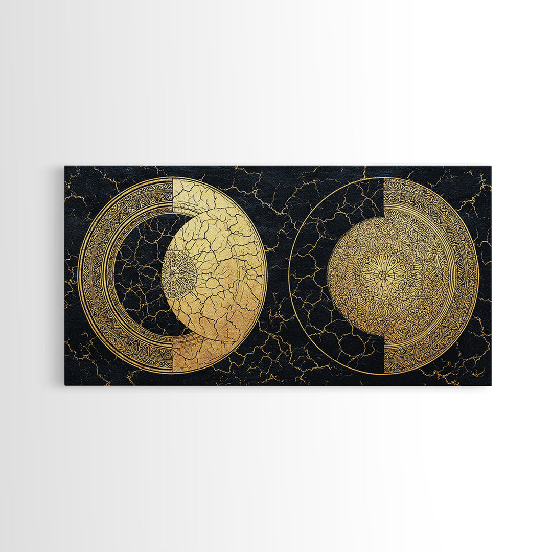 Gold Celestial Moon Phases On Cracked Black Wall Art, Abstract Art, Spiritual Wall Art, Modern Canvas Art, Home Decor Gift