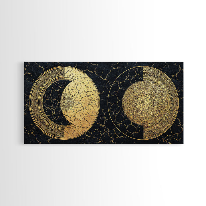 Gold Celestial Moon Phases On Cracked Black Wall Art, Abstract Art, Spiritual Wall Art, Modern Canvas Art, Home Decor Gift