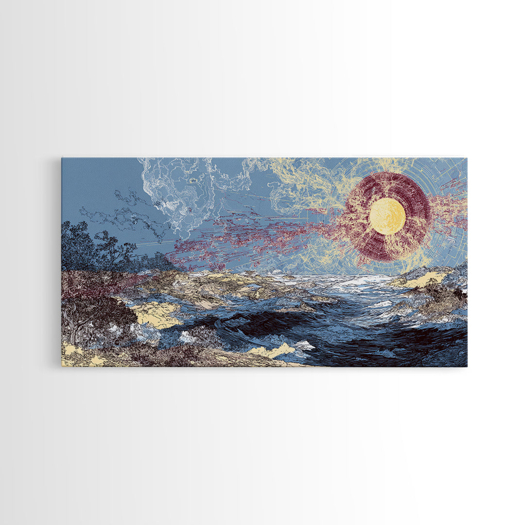 Radiant Sun Over Abstract Ocean Landscape Canvas Print, Blue Wall Art, Modern Art, Nature Scene Art, Coastal Home Decor Gift