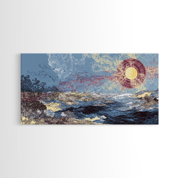 Radiant Sun Over Abstract Ocean Landscape Canvas Print, Blue Wall Art, Modern Art, Nature Scene Art, Coastal Home Decor Gift