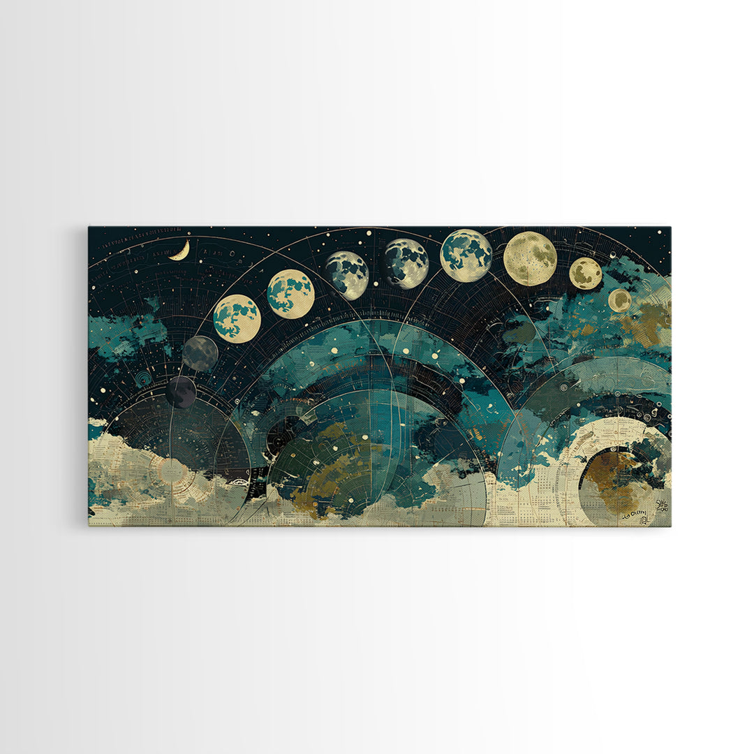 Teal Moon Phase Night Sky Celestial Wall Art, Spiritual Wall Art, Mystical Wall Art, Abstract Canvas Art, Bedroom Decor Gift
