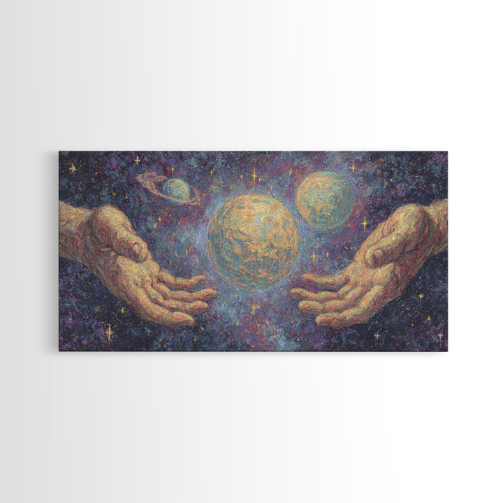 Mystical Hands Holding Planets Cosmic Wall Art, Spiritual Wall Art, Abstract Art, Dreamy Wall Art, Unique Canvas Print Home Decor