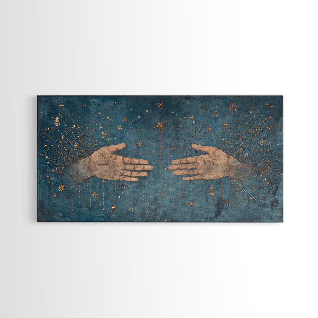 Two Open Hands With Golden Stars Teal Wall Art, Spiritual Wall Art, Mystical Wall Art, Feminine Wall Art, Unique Home Decor