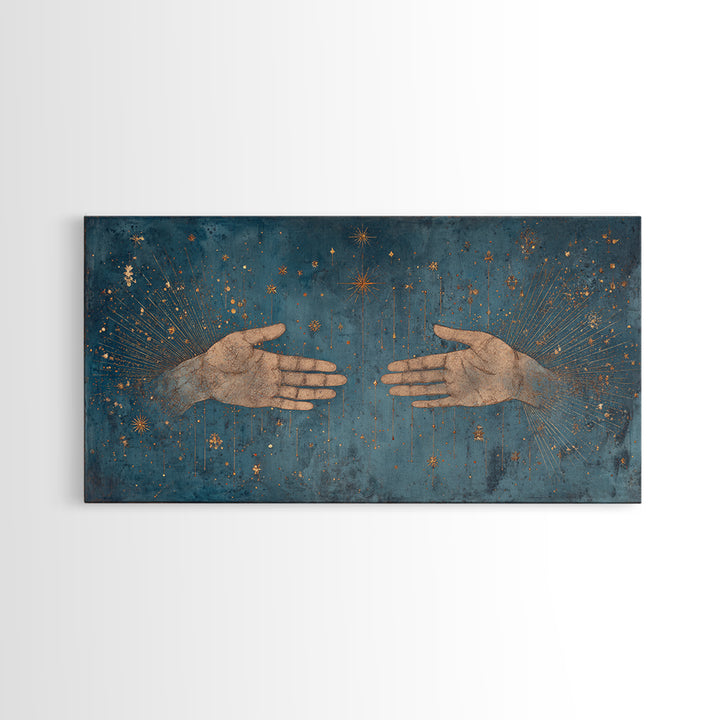 Two Open Hands With Golden Stars Teal Wall Art, Spiritual Wall Art, Mystical Wall Art, Feminine Wall Art, Unique Home Decor
