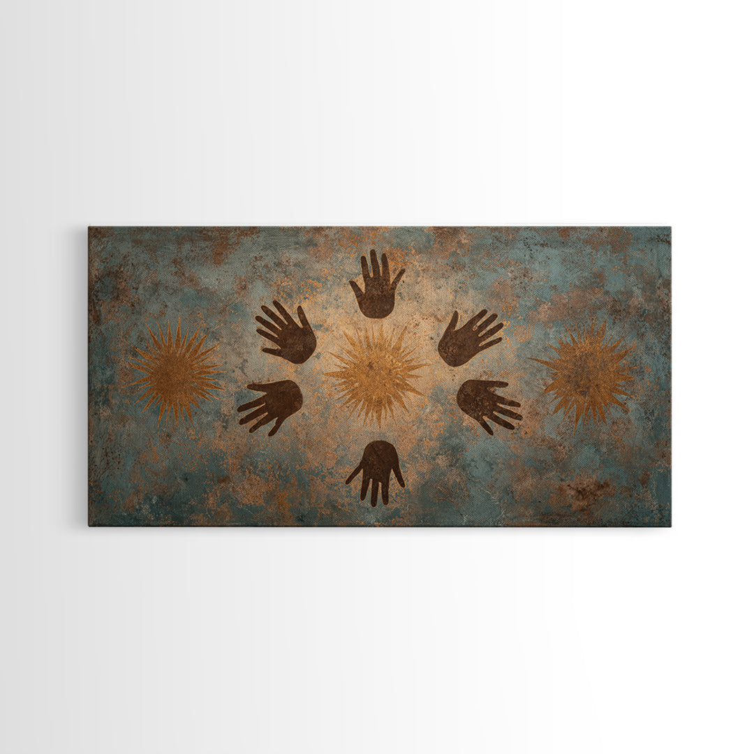 Ancient Handprint Symbols Wall Art, Tribal Abstract Painting, Earth Tone Spiritual Decor, Rustic Cultural Home Decor Gift