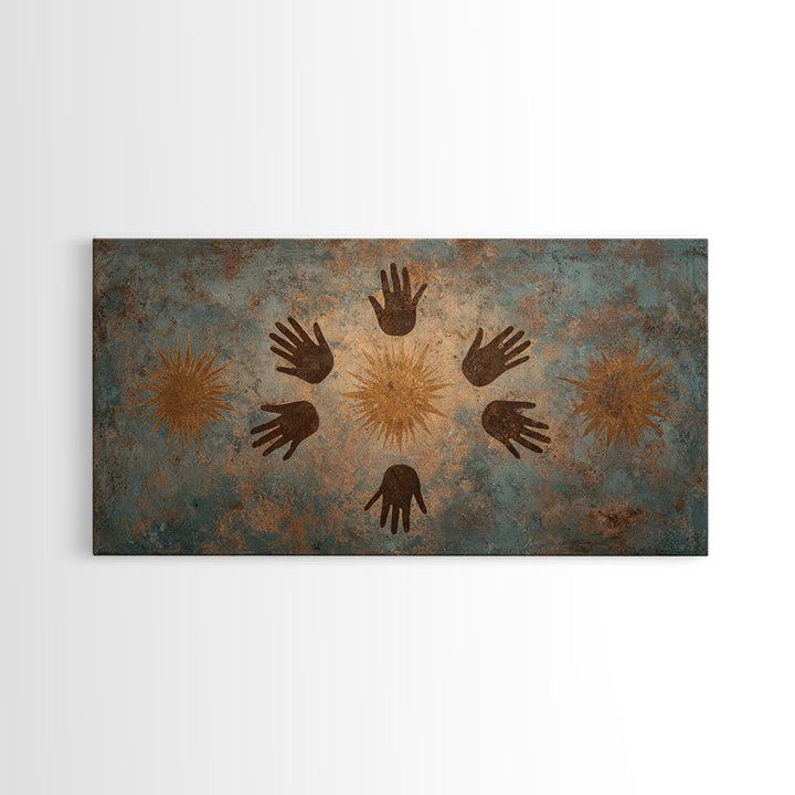 Ancient Handprint Symbols Wall Art, Tribal Abstract Painting, Earth Tone Spiritual Decor, Rustic Cultural Home Decor Gift