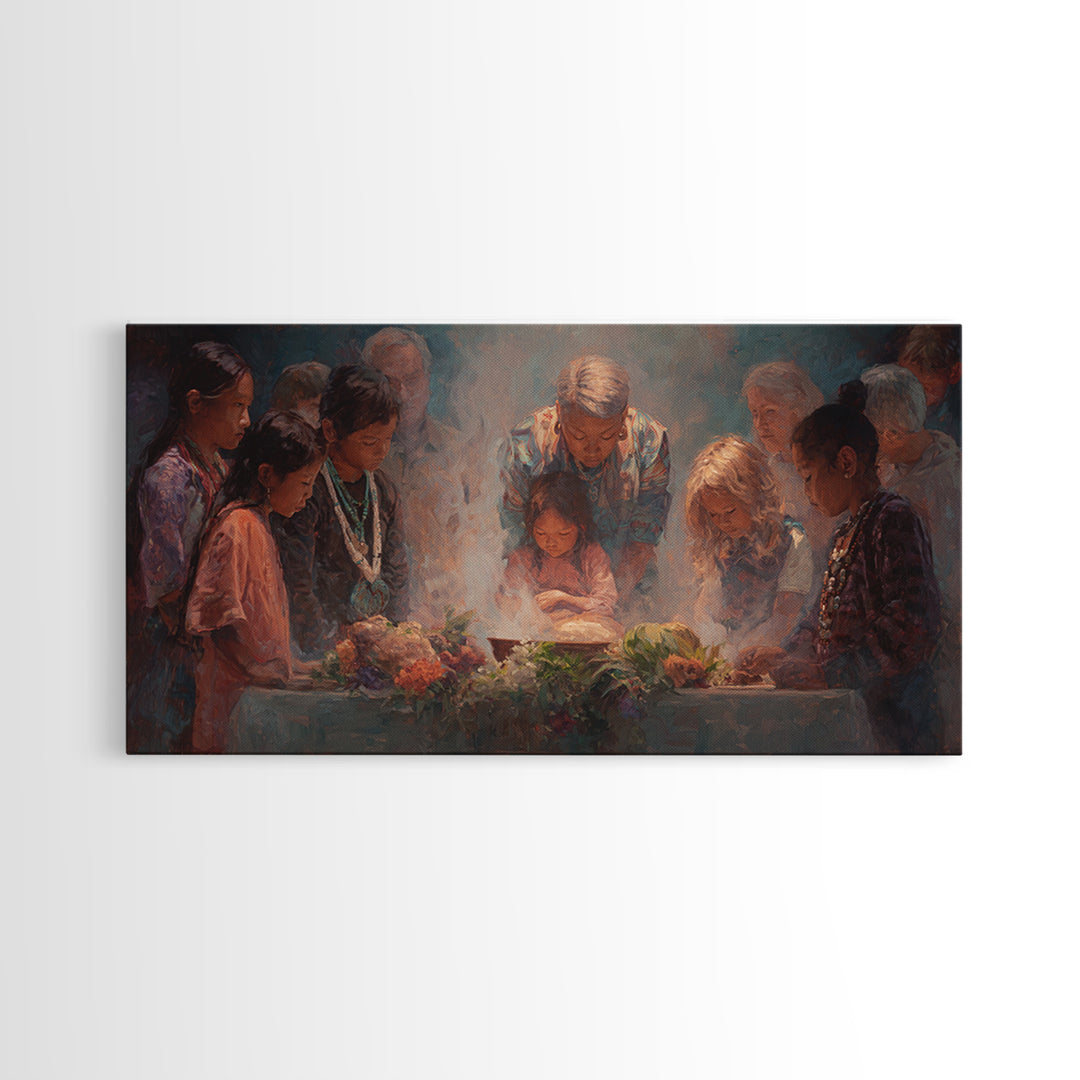 Children Around Harvest Table Canvas Print, Multicultural Family Prayer, Warm Kitchen Decor, Meaningful Housewarming Gift