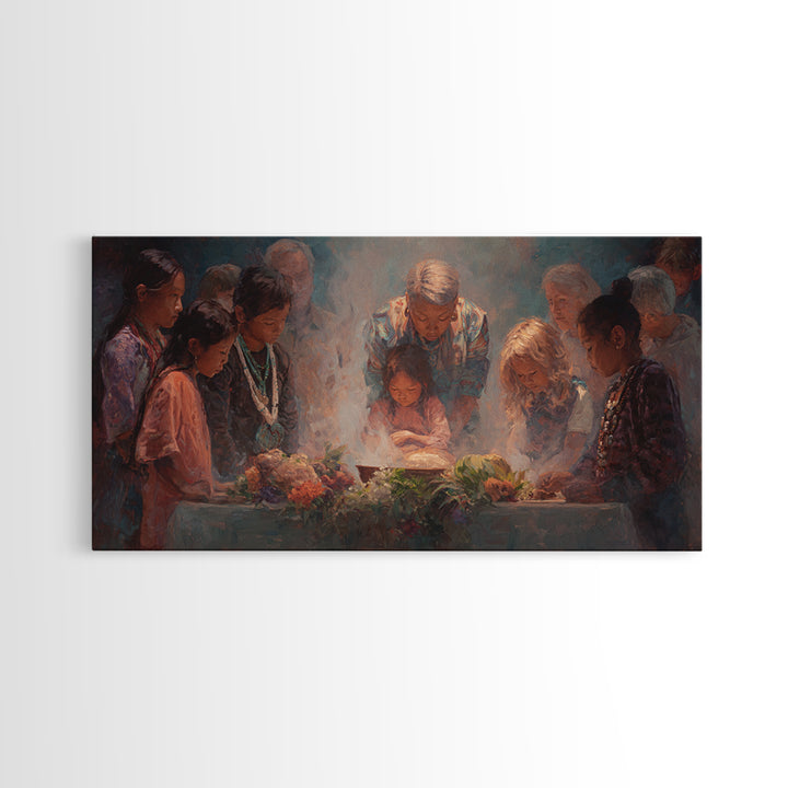 Children Around Harvest Table Canvas Print, Multicultural Family Prayer, Warm Kitchen Decor, Meaningful Housewarming Gift