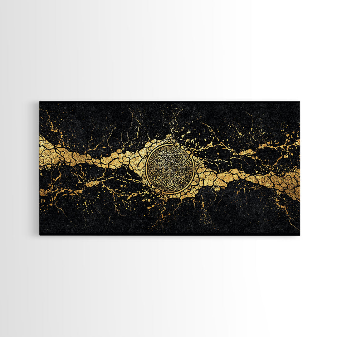 Black And Gold Medallion Canvas Print, Luxury Abstract Wall Decor, Cracked Marble Texture, Elegant Statement Home Decor Gift