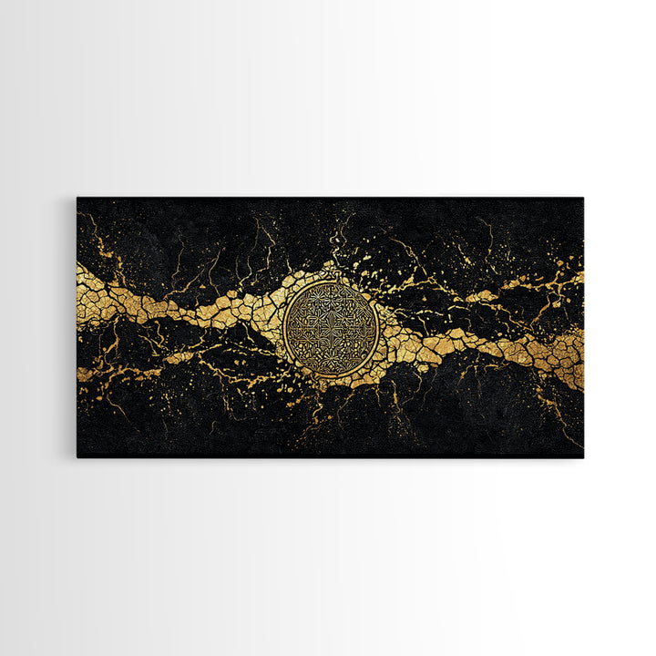 Black And Gold Medallion Canvas Print, Luxury Abstract Wall Decor, Cracked Marble Texture, Elegant Statement Home Decor Gift