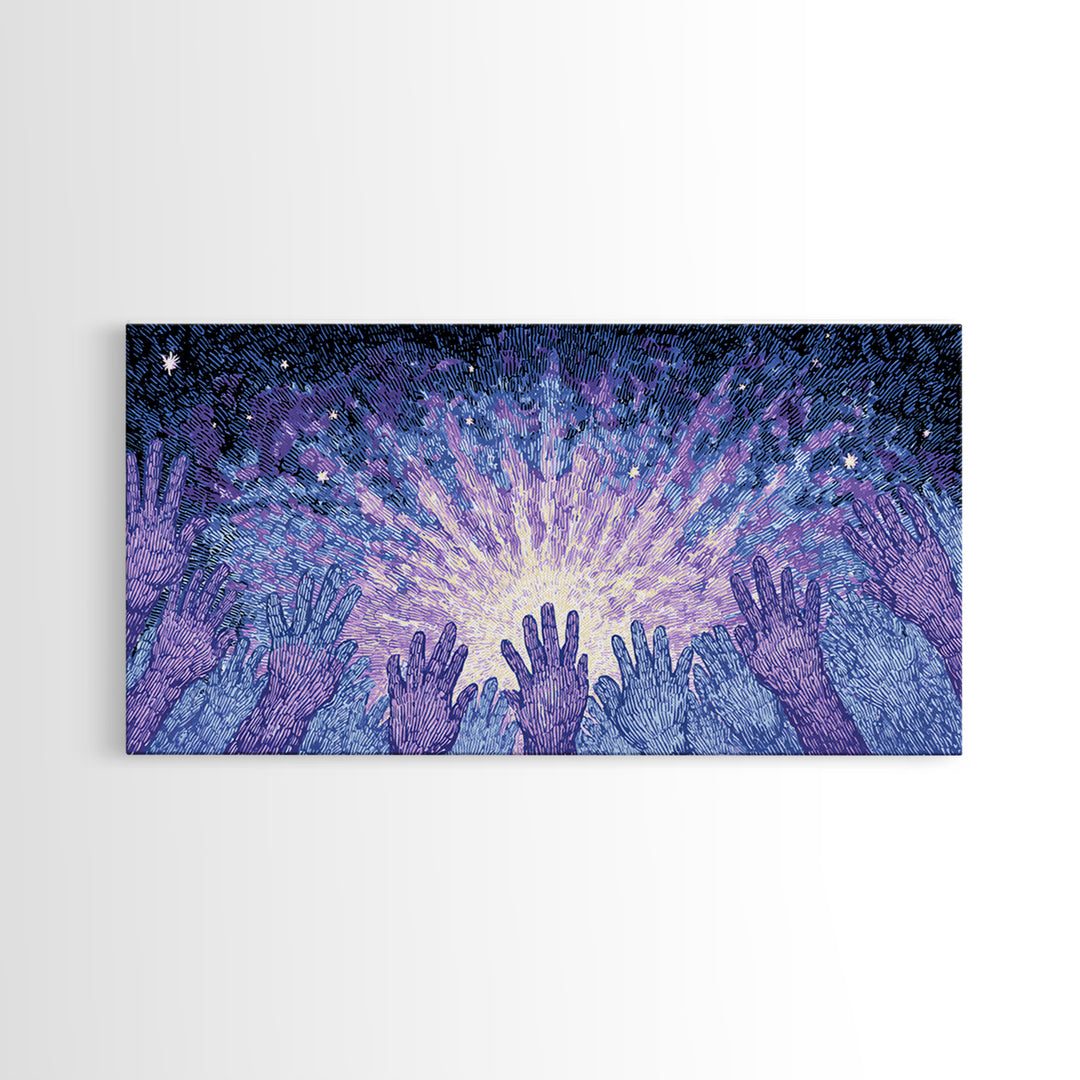 Hands Reaching Toward Light Wall Art, Mystical Spiritual Canvas Decor, Blue Purple Starburst, Dreamy Meditation Gift For Home