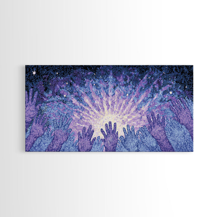Hands Reaching Toward Light Wall Art, Mystical Spiritual Canvas Decor, Blue Purple Starburst, Dreamy Meditation Gift For Home
