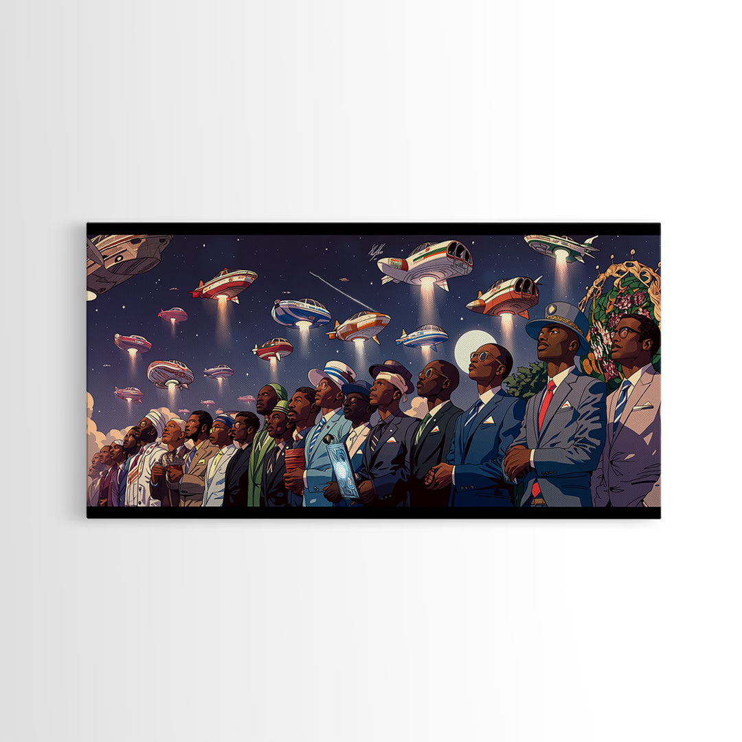 Afrofuturist Skywatchers Canvas Print, Black Men In Suits With Ufo Ships, Modern Afro Wall Decor, Unique Sci Fi Statement Home Decor Gift