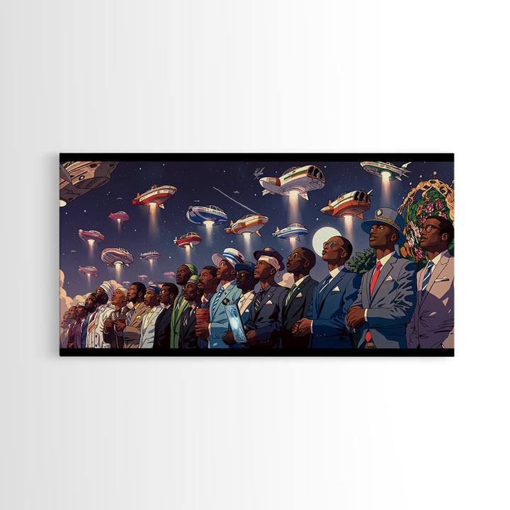 Afrofuturist Skywatchers Canvas Print, Black Men In Suits With Ufo Ships, Modern Afro Wall Decor, Unique Sci Fi Statement Home Decor Gift