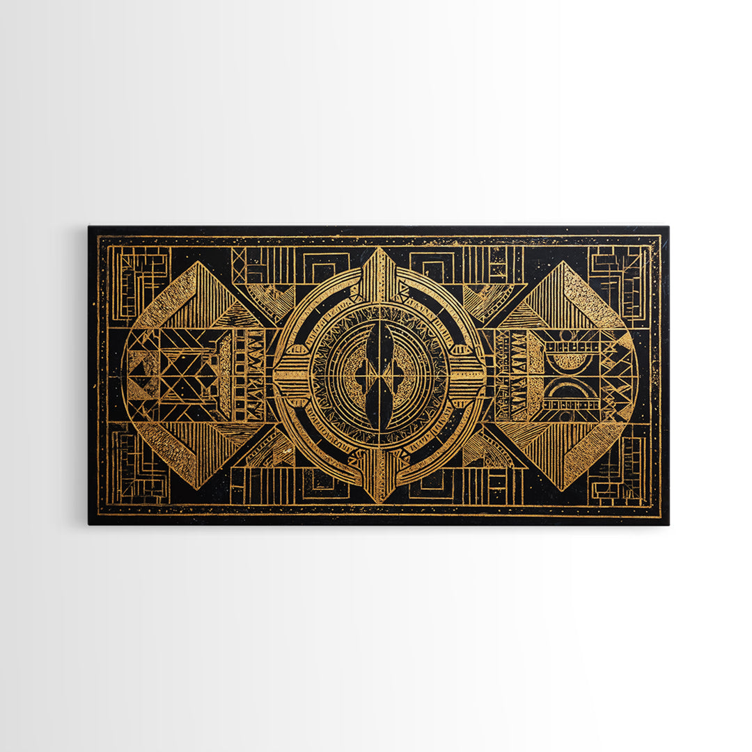 Gold Tribal Geometric Pattern Canvas Print, African Abstract Wall Art, Afrocentric Decor, Black Gold Luxury Home Decor, Statement Decor