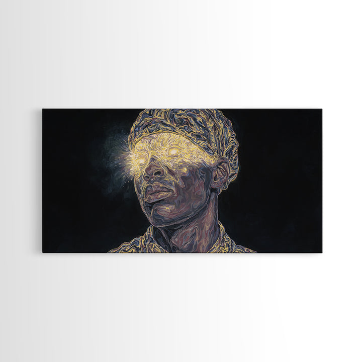 Glowing Eyed African Elder Portrait Framed Canvas Print, Visionary Black Art, Afrocentric Wall Art, Spiritual Home Decor