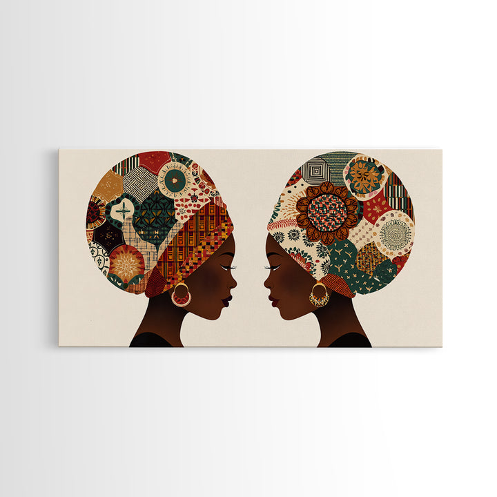 Twin African Women In Ankara Headwraps Canvas Print, Black Woman Wall Art, Afrocentric Decor, Elegant Cultural Home Decor