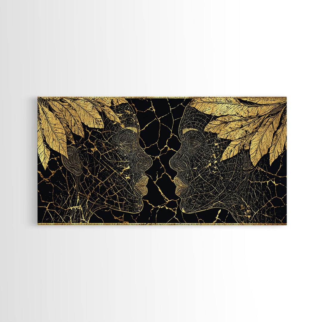 Gold Leaf African Profile Faces Wall Art, Black Gold Abstract Portrait, Afrocentric Canvas Print, Elegant Cultural Decor