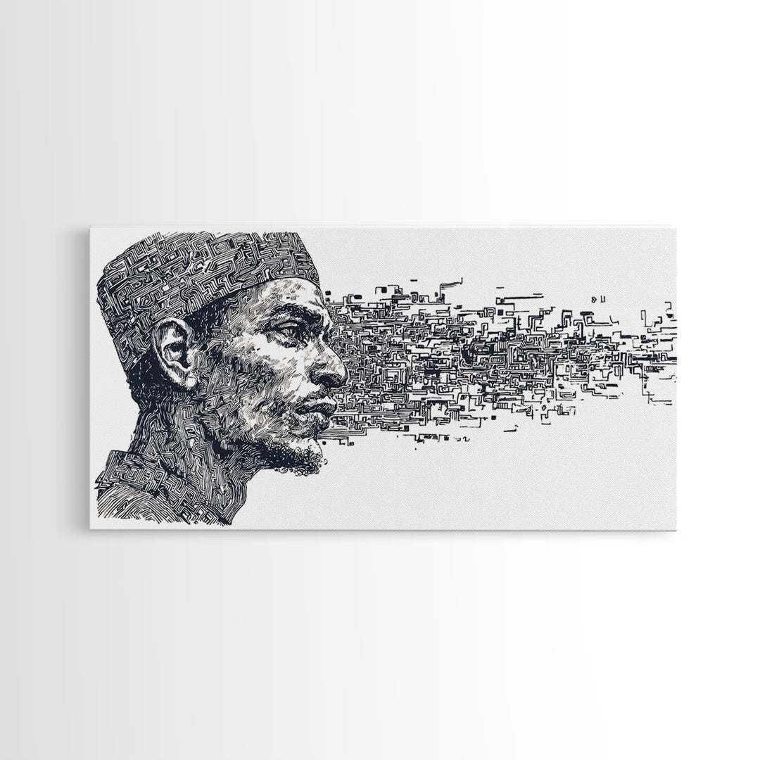 African Man Digital Profile Canvas Print, Abstract Black Portrait Wall Art, Modern Afrocentric Decor, Unique Office Artwork