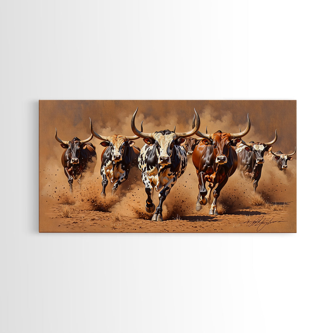 Charging Longhorn Cattle Canvas Print, African Safari Animal Art, Rustic Western Wall Art, Brown Dusty Ranch Home Decor Gift