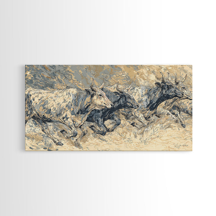 White Cattle Herd In Dusty Motion Framed Canvas Print, African Animal Art, Safari Wall Art, Beige Blue Rustic Home Decor
