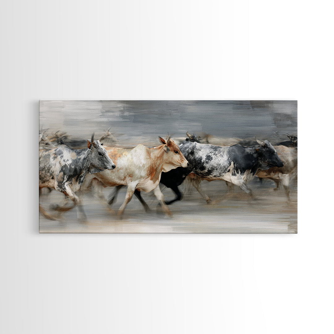 Blurred Running Cattle Herd Canvas Print, African Safari Wall Art, Modern Animal Painting, Neutral Rustic Living Room Decor