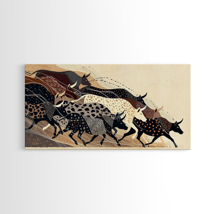 Patterned Cattle Herd Wall Art, Boho African Animal Art, Tribal Textile Canvas Print, Earth Tone Safari Unique Home Decor Gift