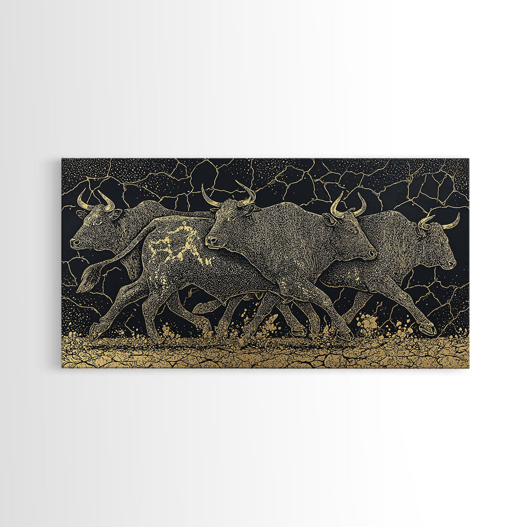 Black Gold Running Cattle Wall Art, African Animal Art, Tribal Crackle Canvas Print, Luxury Safari Decor, Statement Piece