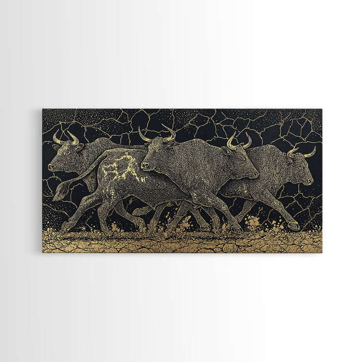 Black Gold Running Cattle Wall Art, African Animal Art, Tribal Crackle Canvas Print, Luxury Safari Decor, Statement Piece