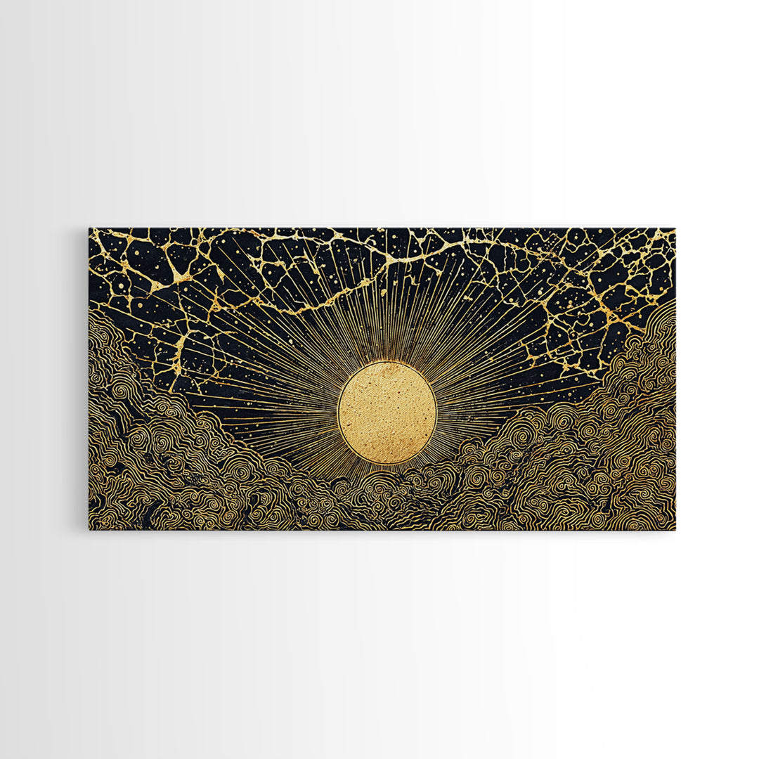 Golden Sunburst Over Black Waves Wall Art, African Inspired Abstract, Black And Gold Decor, Luxury Canvas For Living Room