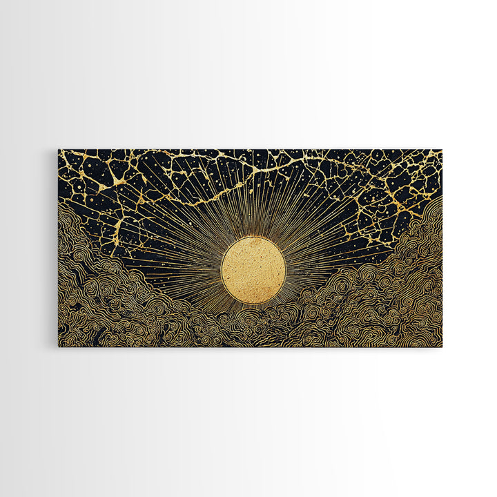 Golden Sunburst Over Black Waves Wall Art, African Inspired Abstract, Black And Gold Decor, Luxury Canvas For Living Room